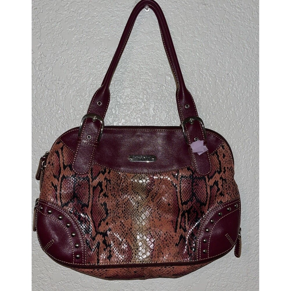 Sharif Studio Embossed Snake  Leather Trim Expanding Purse Burgundy Dust Bag NEW - Picture 7 of 16